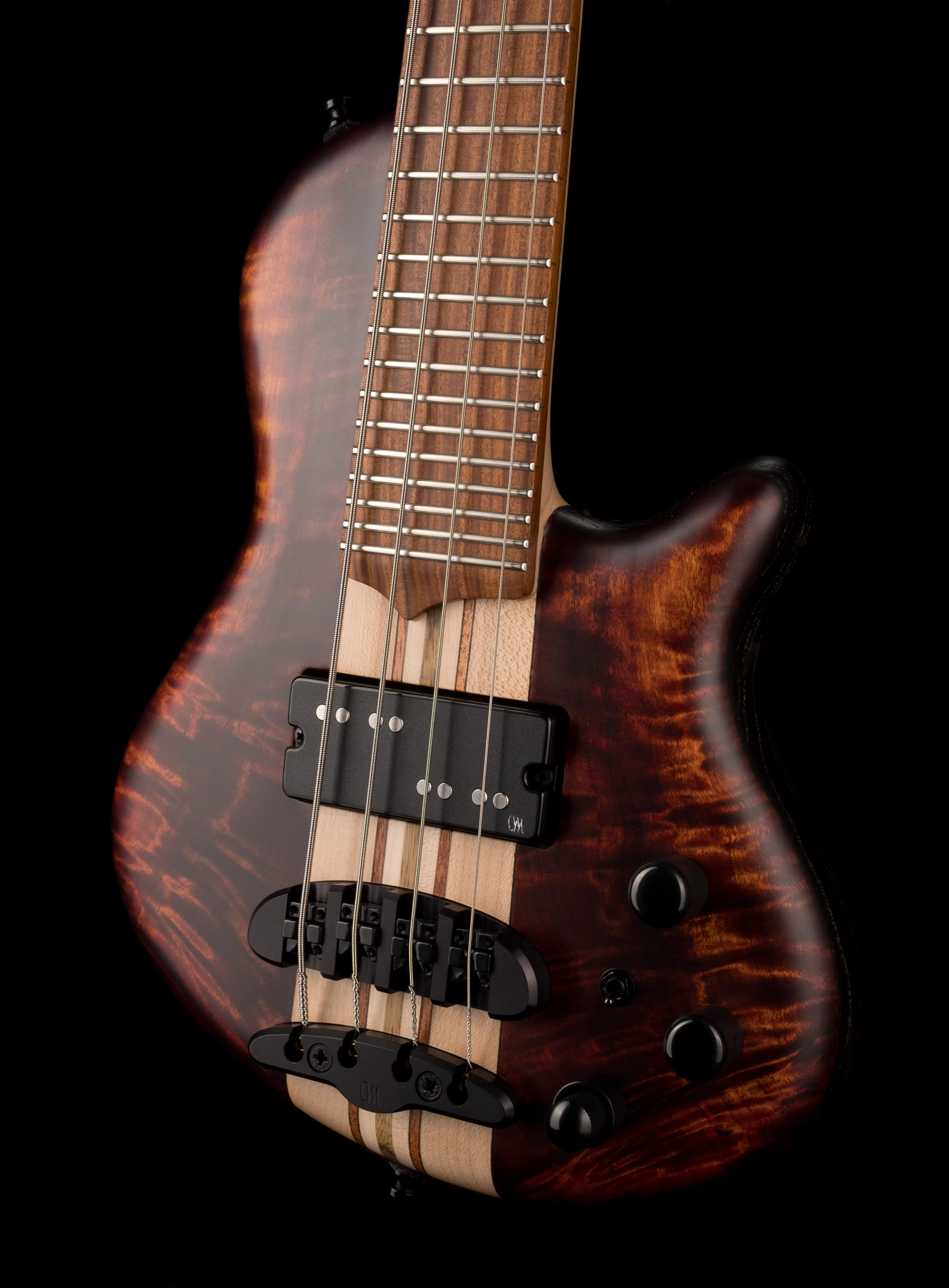 Mayones Cali4 Bass 17.5" Scale 3A Burl Maple Top/Swamp Ash Body Trans Root Beer Finish with Case - Image 3
