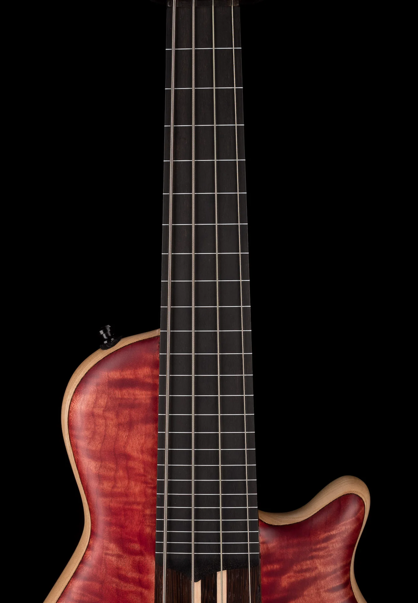 Mayones Cali4 Fretless Bass 17.5" Scale Swamp Ash Body 3A Flame Maple Top Scarlet Red w Case - Image 8