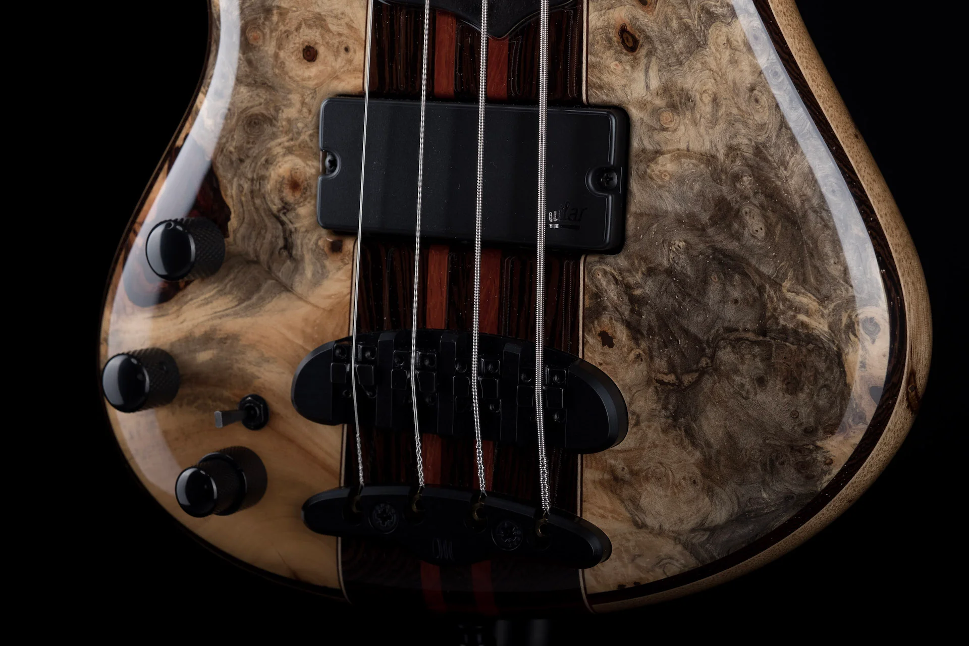 Mayones Cali4LH Left Handed Bass Black Limba Body Buckeye Burl Top Ebony Board 5pc Wenge Neck - Image 4