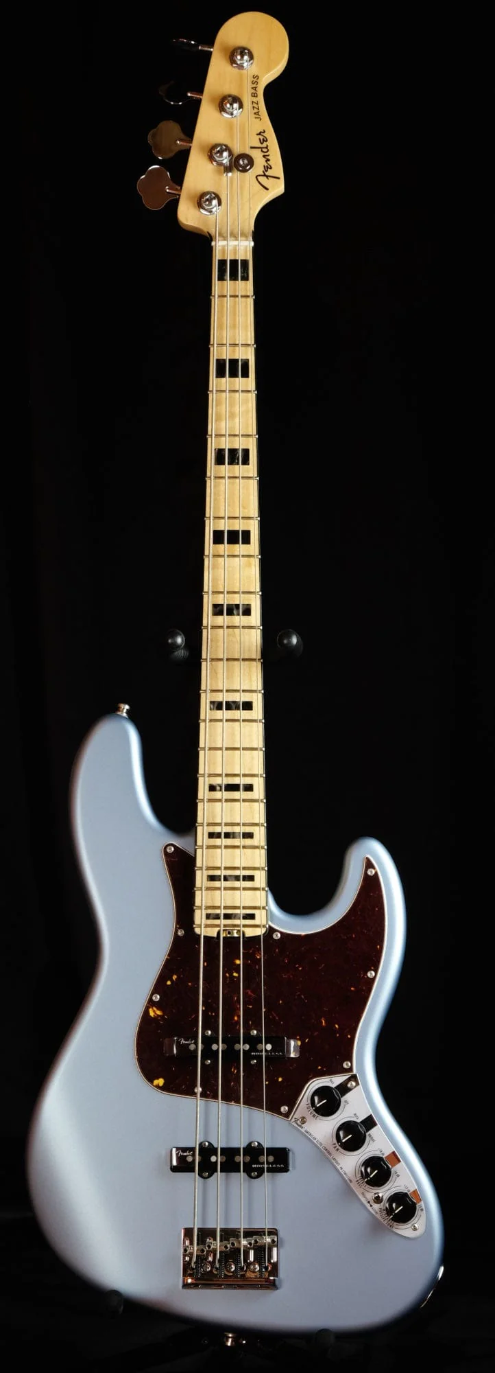 Used Fender American Elite Maple Neck Jazz Bass Satin Ice Blue Metallic OHSC - Image 2