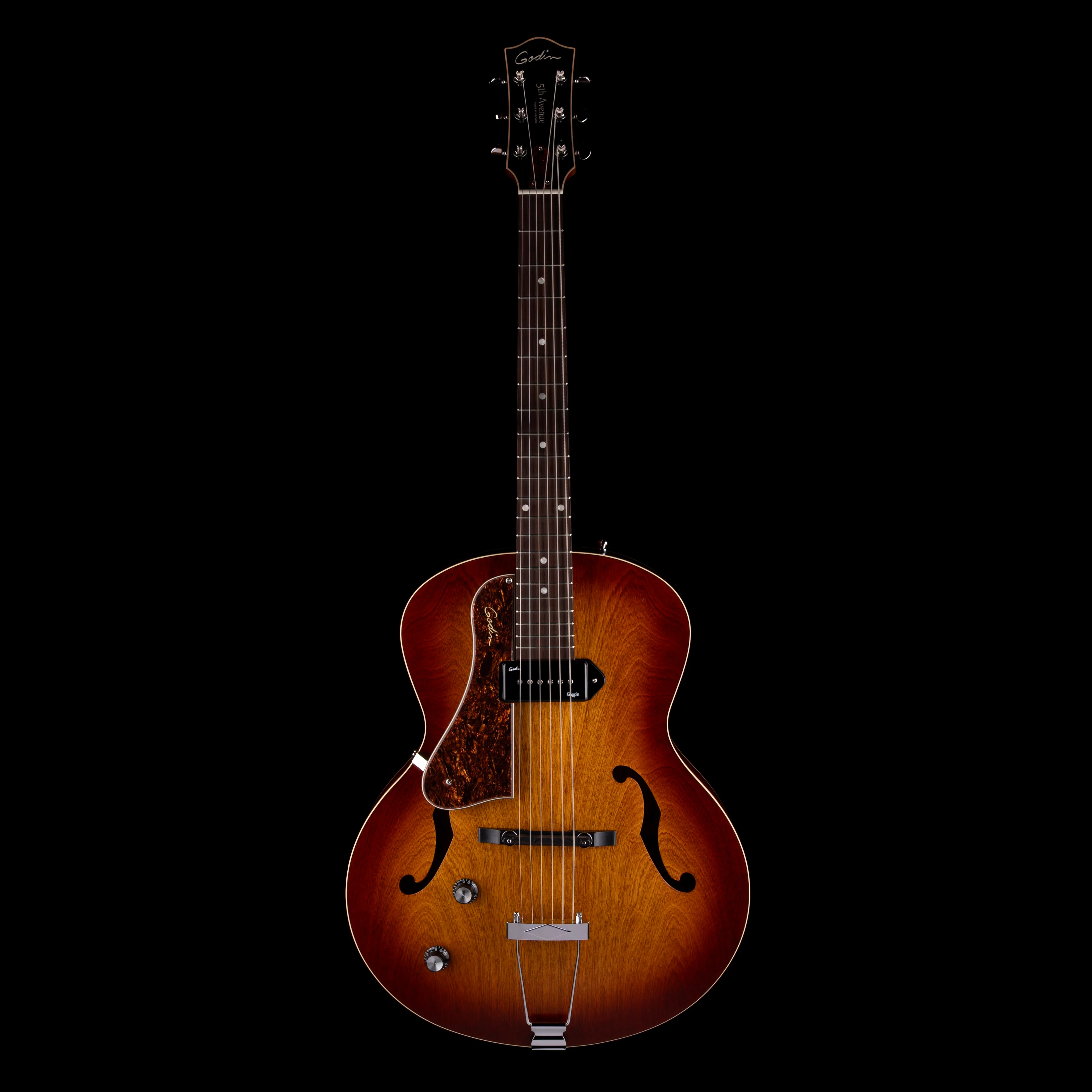 Pre Owned Godin 5th Avenue Kingpin P90 Cognac Burst Archtop Hollow-Body Left-Handed With OSSC - Image 2