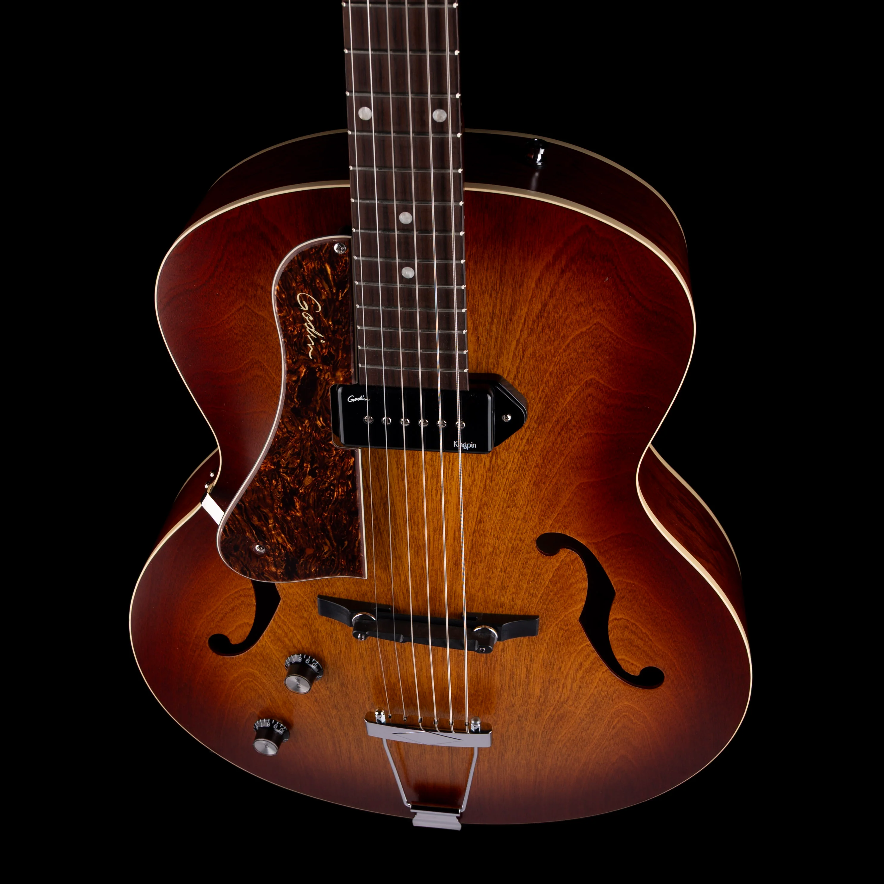 Pre Owned Godin 5th Avenue Kingpin P90 Cognac Burst Archtop Hollow-Body Left-Handed With OSSC - Image 3