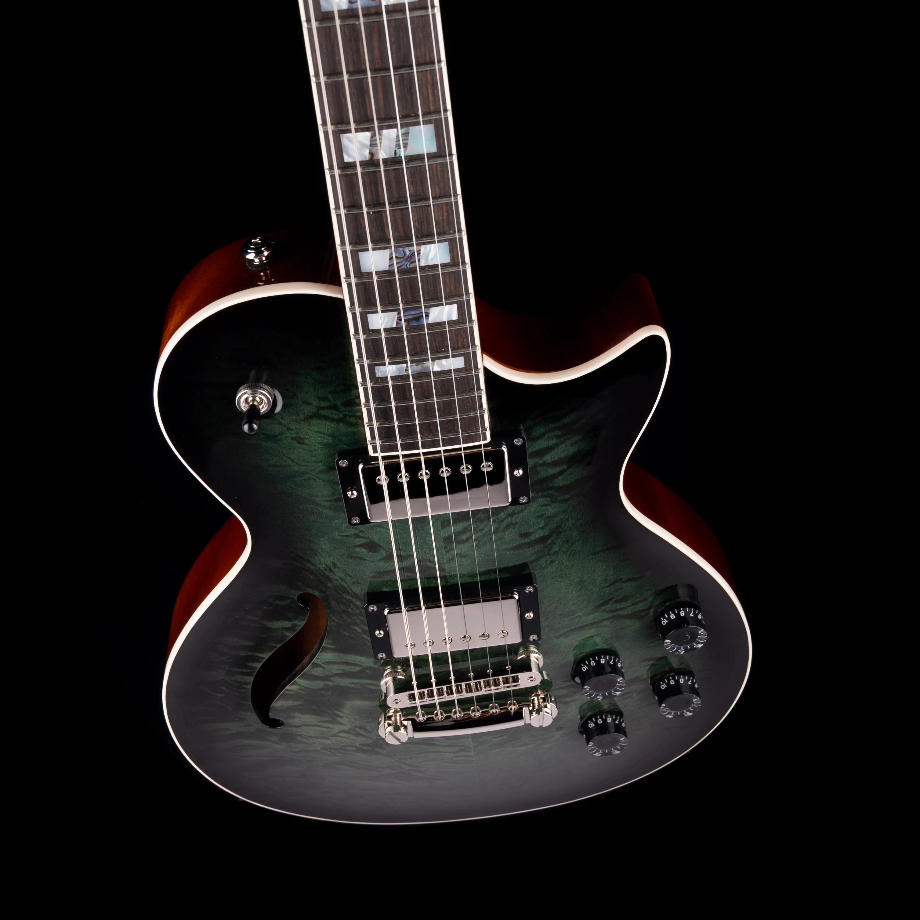 Prestige Guitars Master Built Elite Quilted Maple Semi-Hollow Forest Green Burst with Case - Image 3