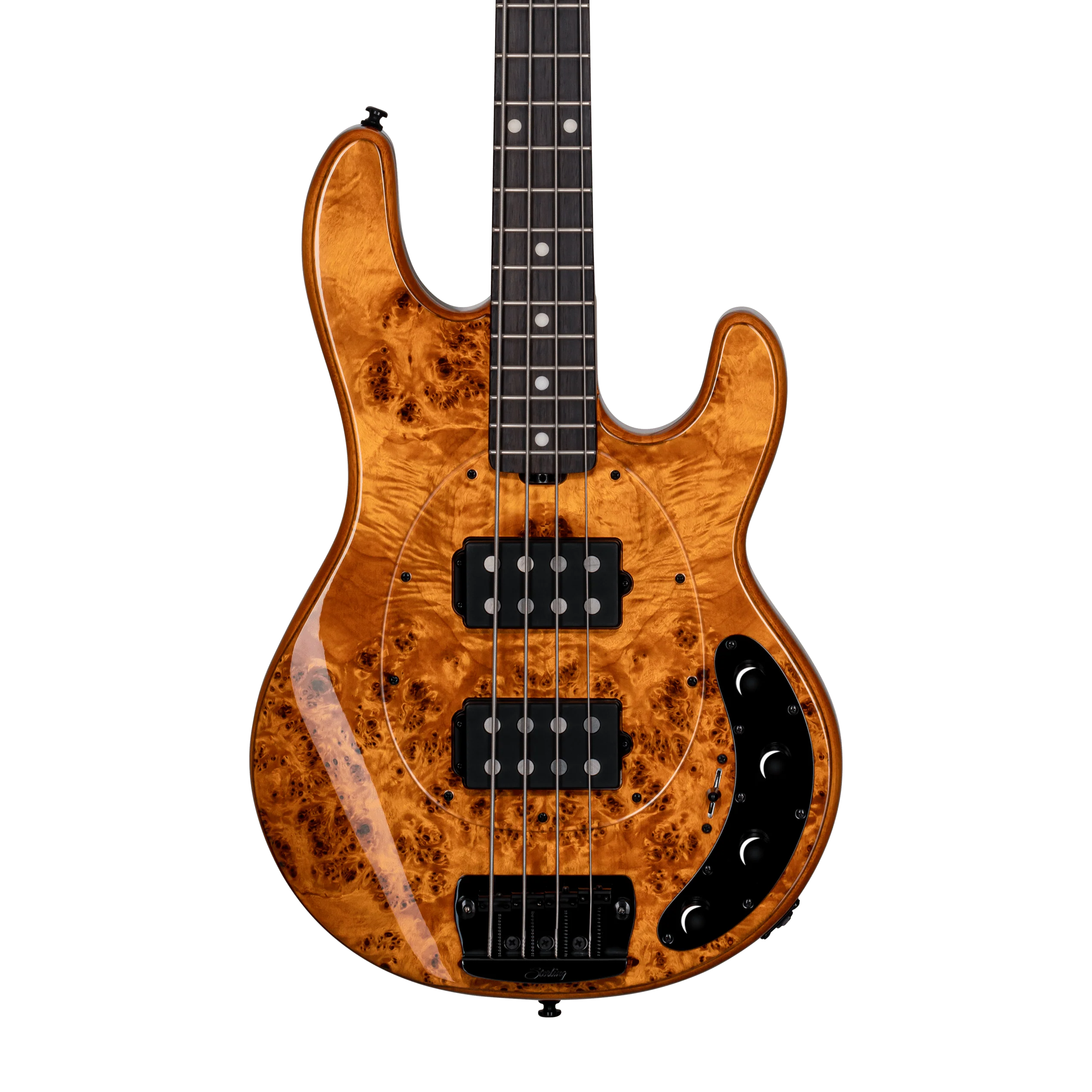 Sterling by Music Man StingRay HH RAY34HH Poplar Burl Amber Bass With Gig Bag