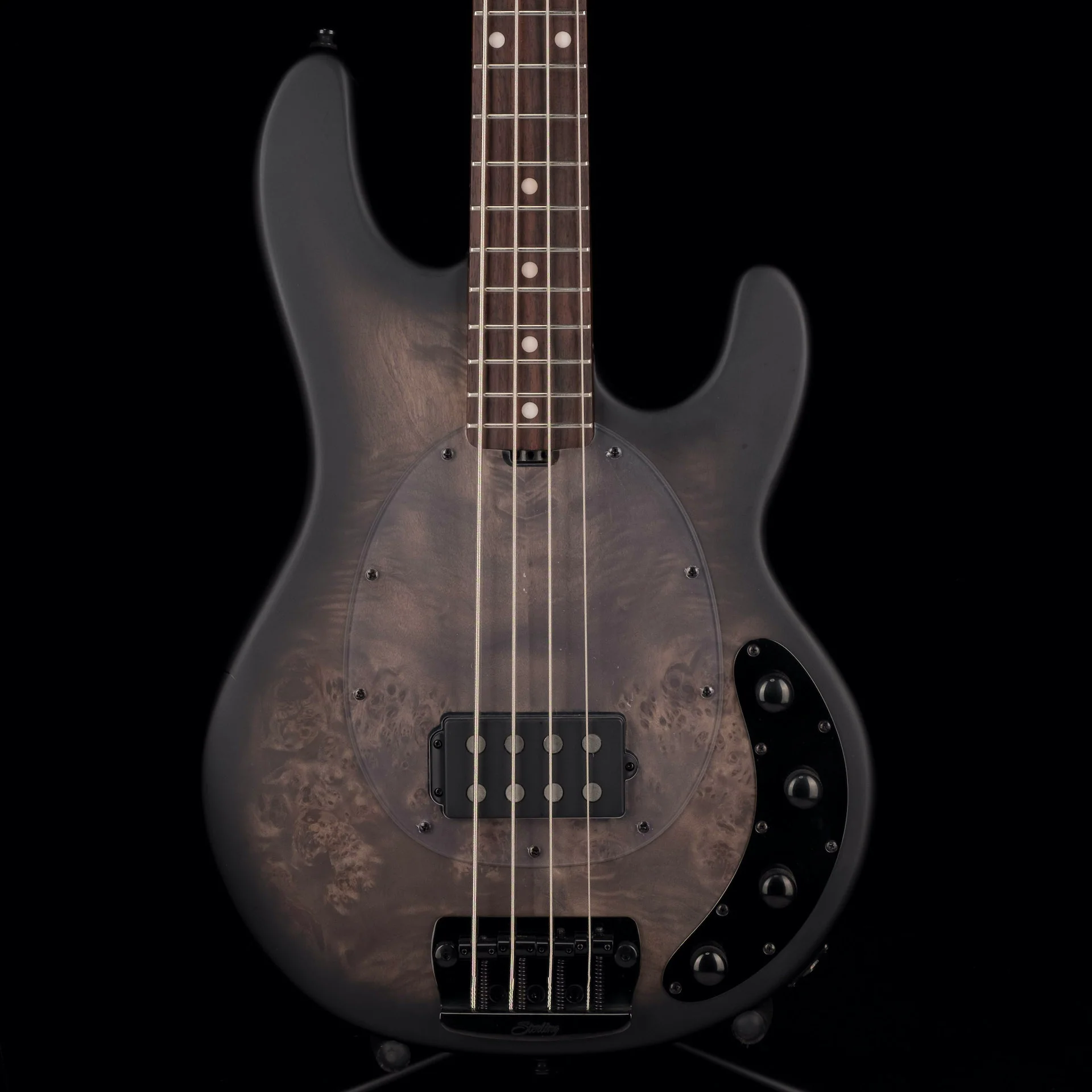Sterling by Music Man StingRay Ray34 Poplar Burl Top Trans Black Satin With Bag