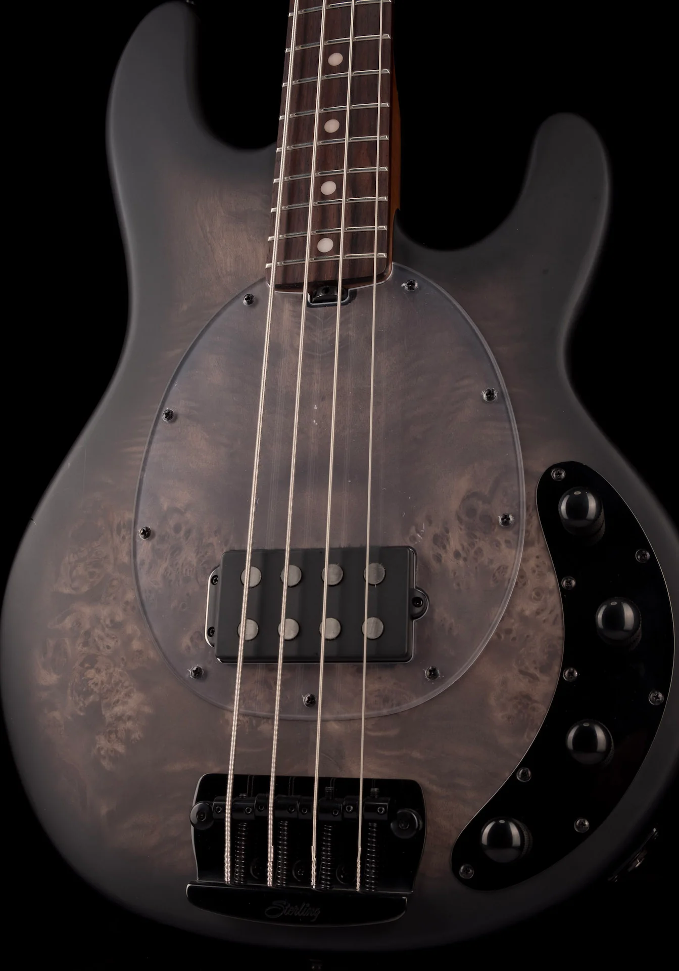 Sterling by Music Man StingRay Ray34 Poplar Burl Top Trans Black Satin With Bag - Image 10