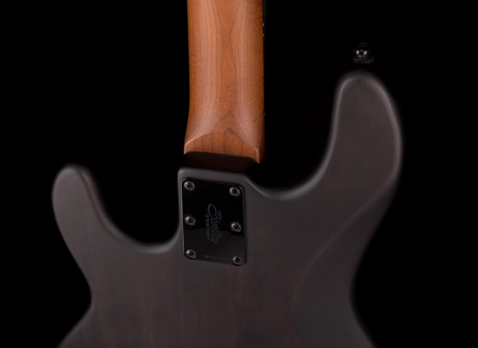 Sterling by Music Man StingRay Ray34 Poplar Burl Top Trans Black Satin With Bag - Image 14