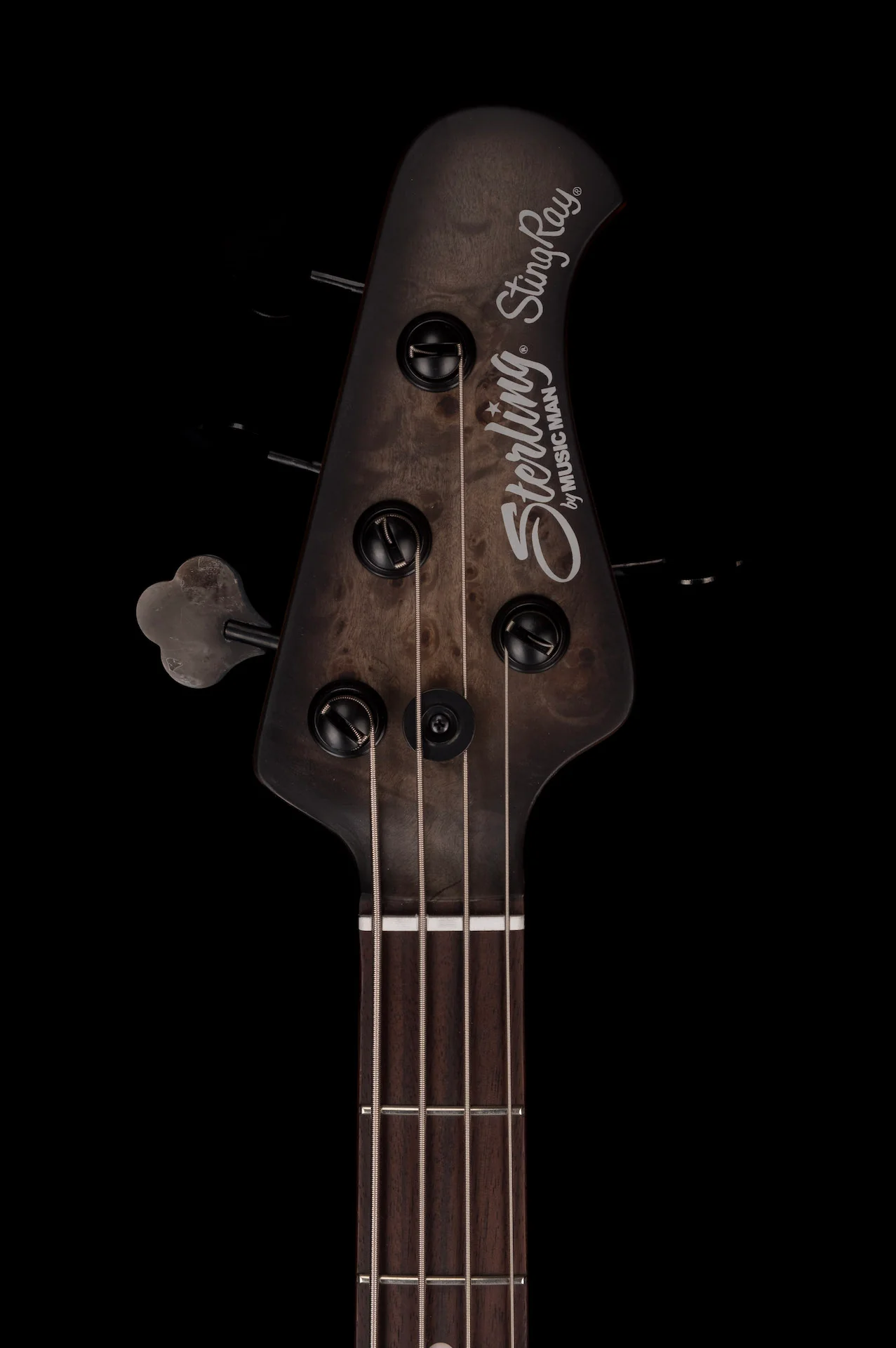 Sterling by Music Man StingRay Ray34 Poplar Burl Top Trans Black Satin With Bag - Image 16