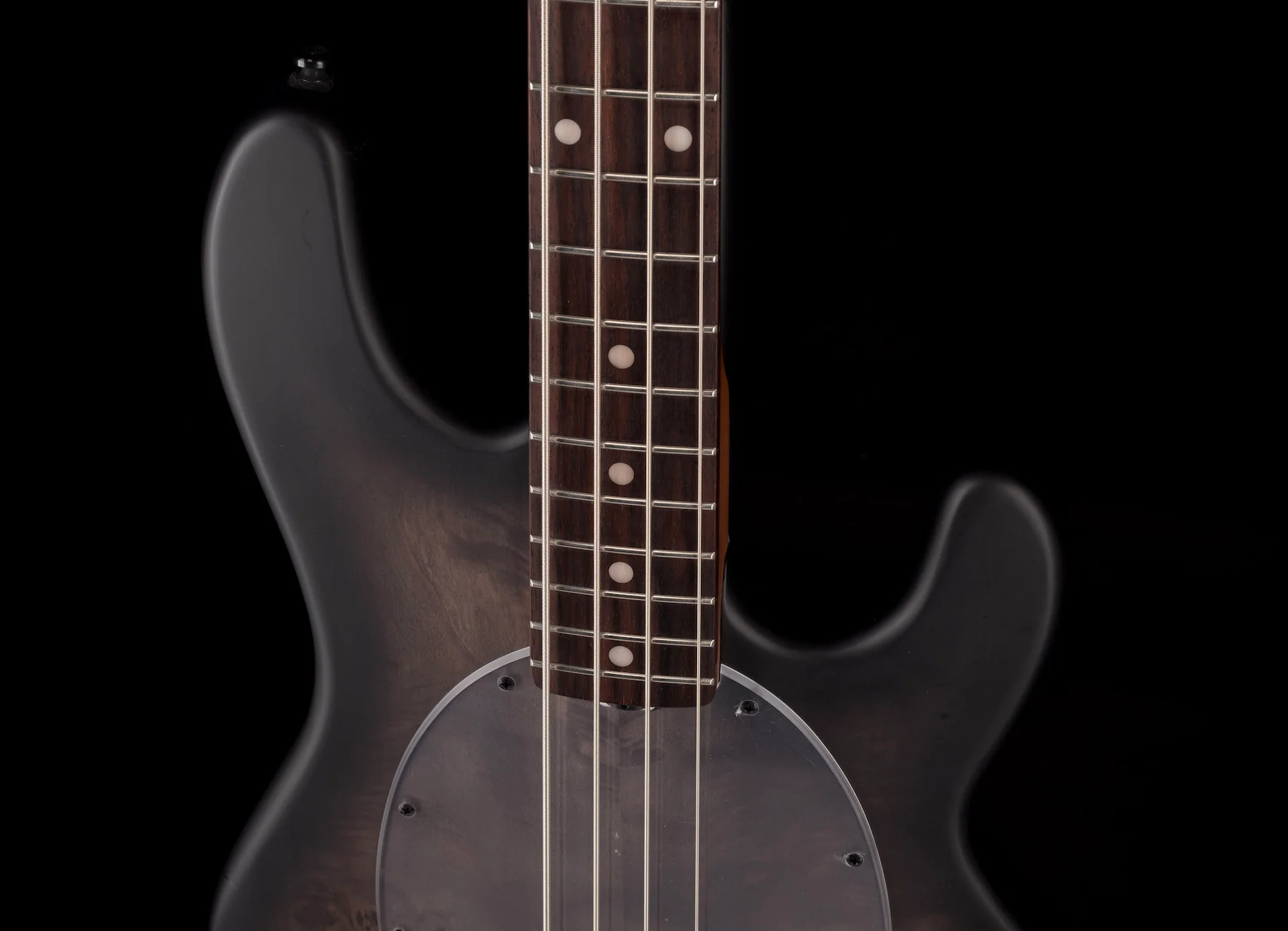 Sterling by Music Man StingRay Ray34 Poplar Burl Top Trans Black Satin With Bag - Image 3