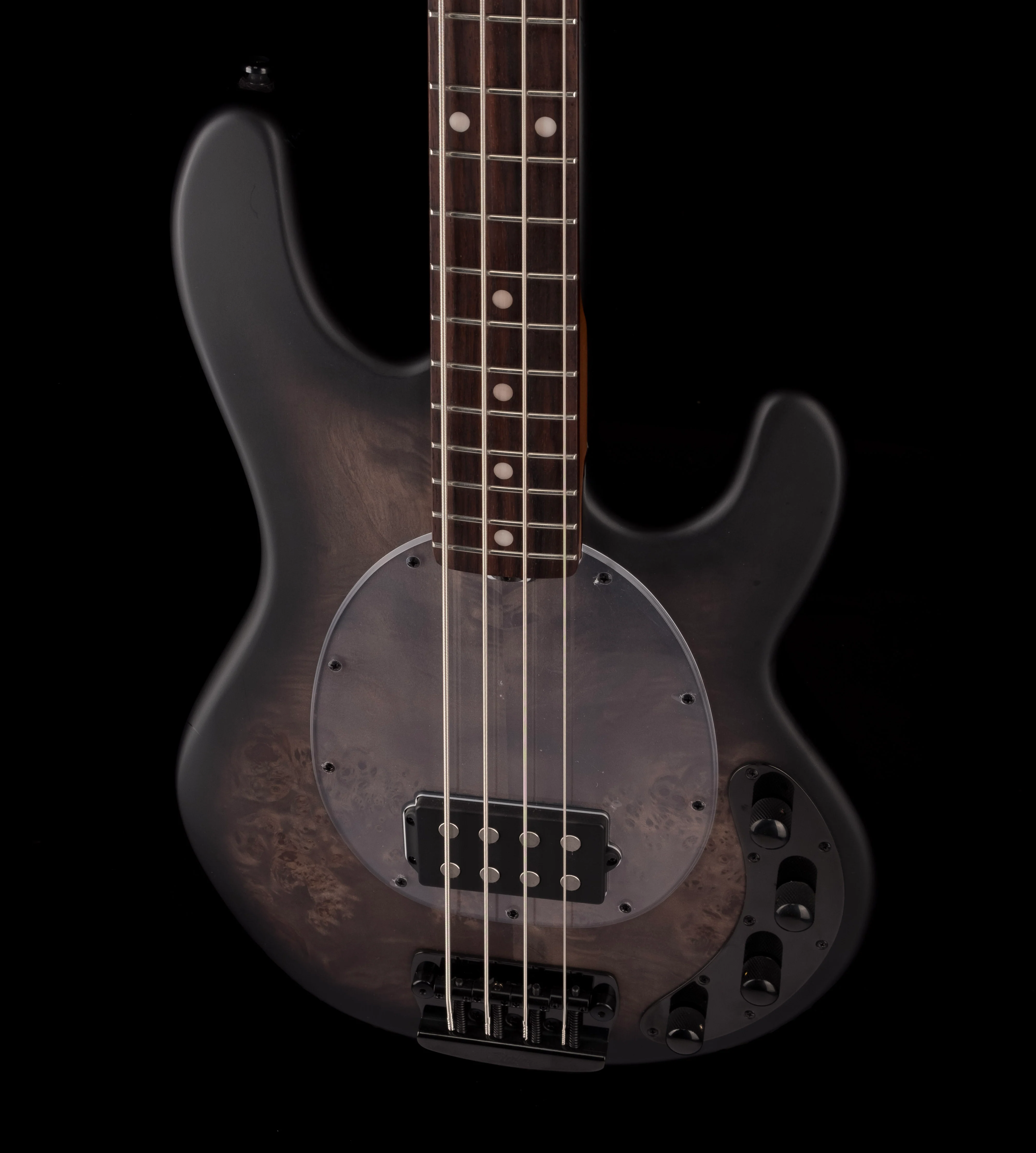 Sterling by Music Man StingRay Ray34 Poplar Burl Top Trans Black Satin With Bag - Image 4