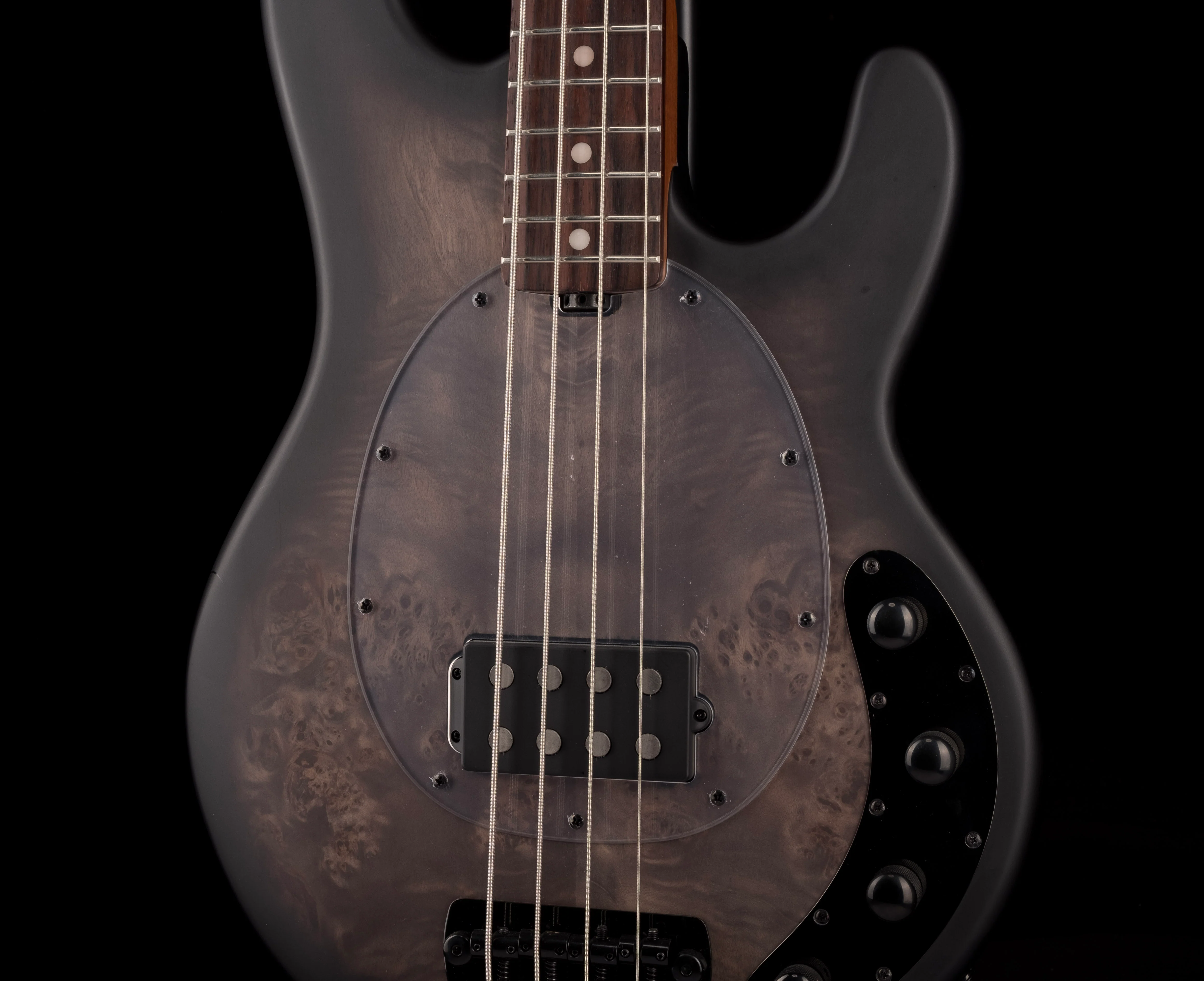Sterling by Music Man StingRay Ray34 Poplar Burl Top Trans Black Satin With Bag - Image 6