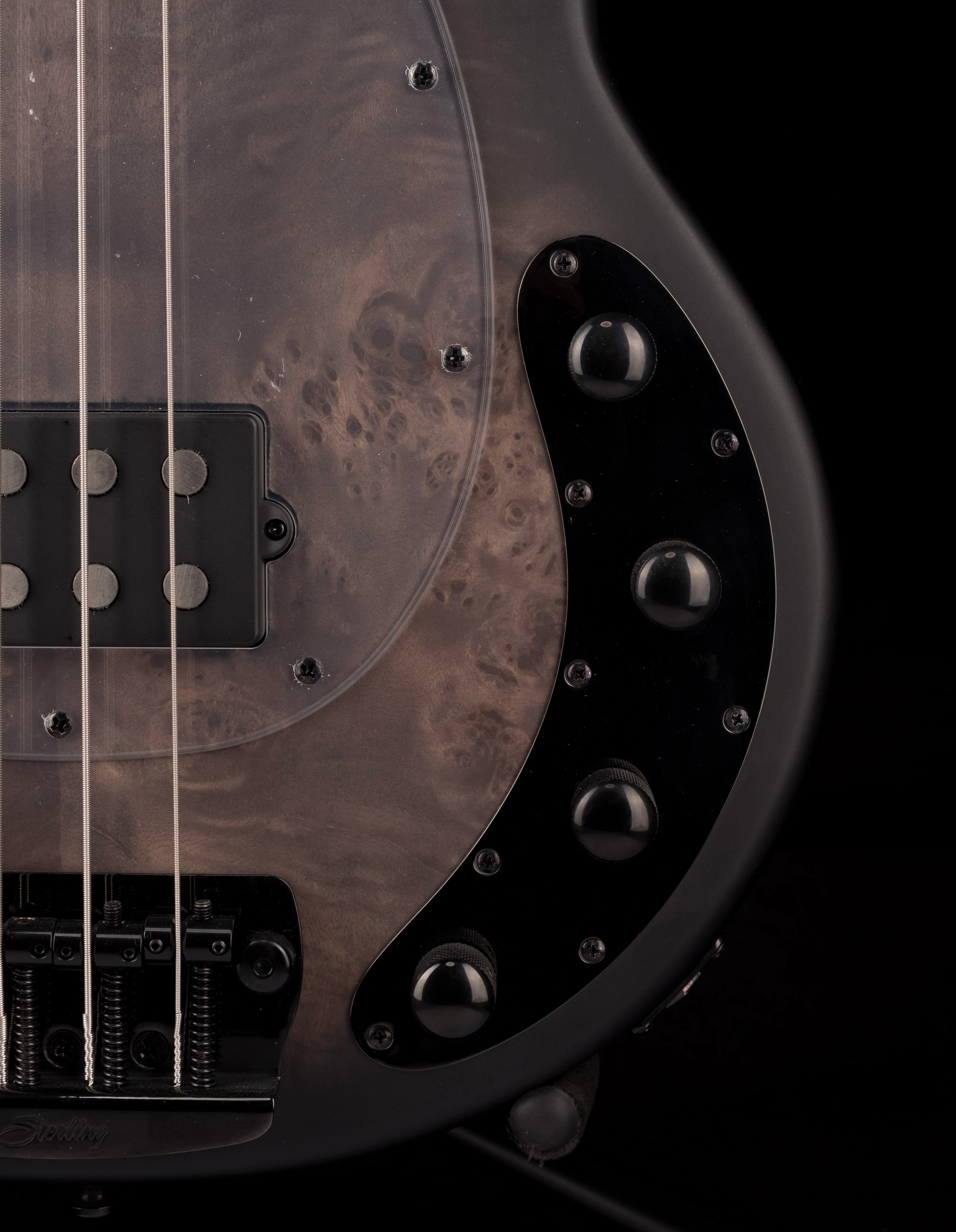 Sterling by Music Man StingRay Ray34 Poplar Burl Top Trans Black Satin With Bag - Image 8