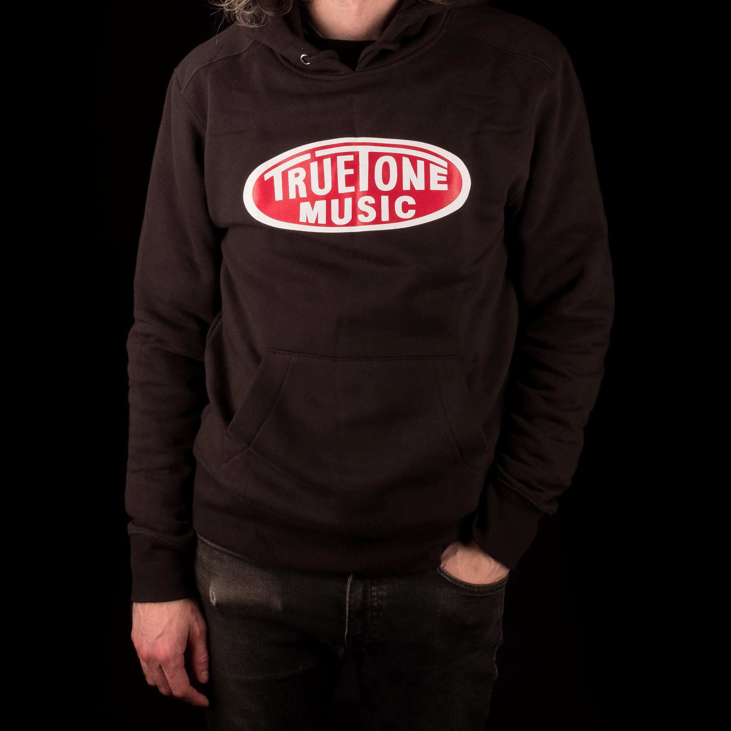 Truetone Music Classic Pullover Hoodie Black with White & Red Logo - Image 3
