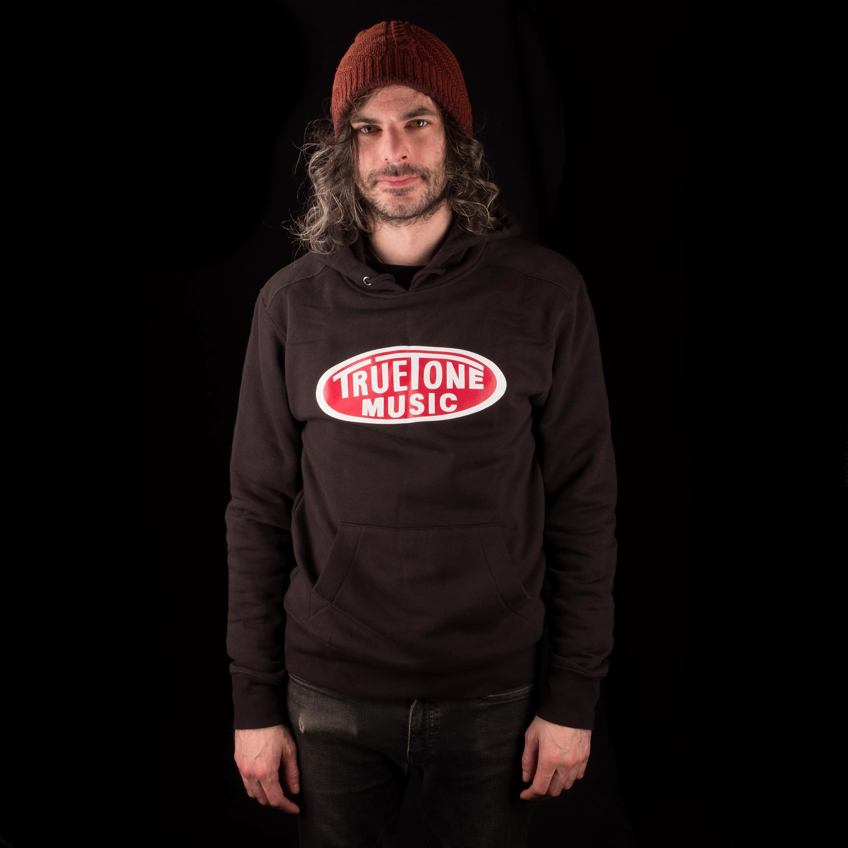 Truetone Music Classic Pullover Hoodie Black with White & Red Logo - Image 4