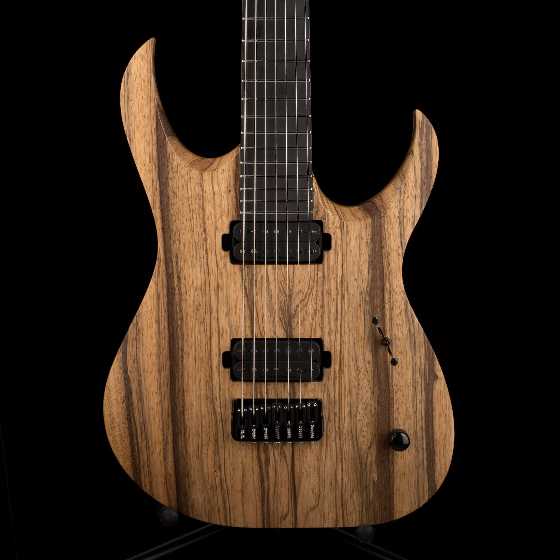 Used Mayones Duvell BL 7 String 27" Baritone Black Limba Trans Natural with Soft Case