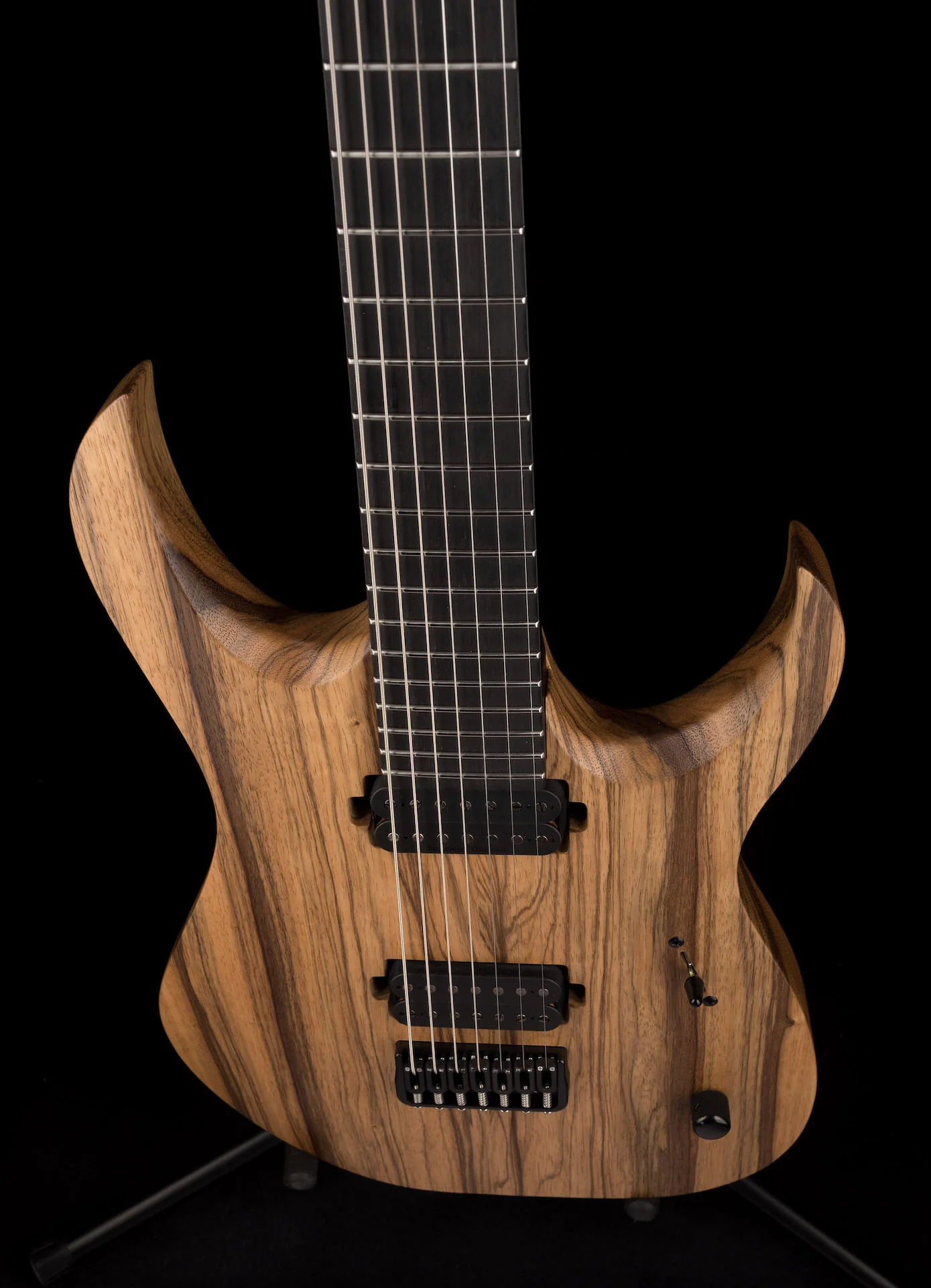 Used Mayones Duvell BL 7 String 27" Baritone Black Limba Trans Natural with Soft Case - Image 4