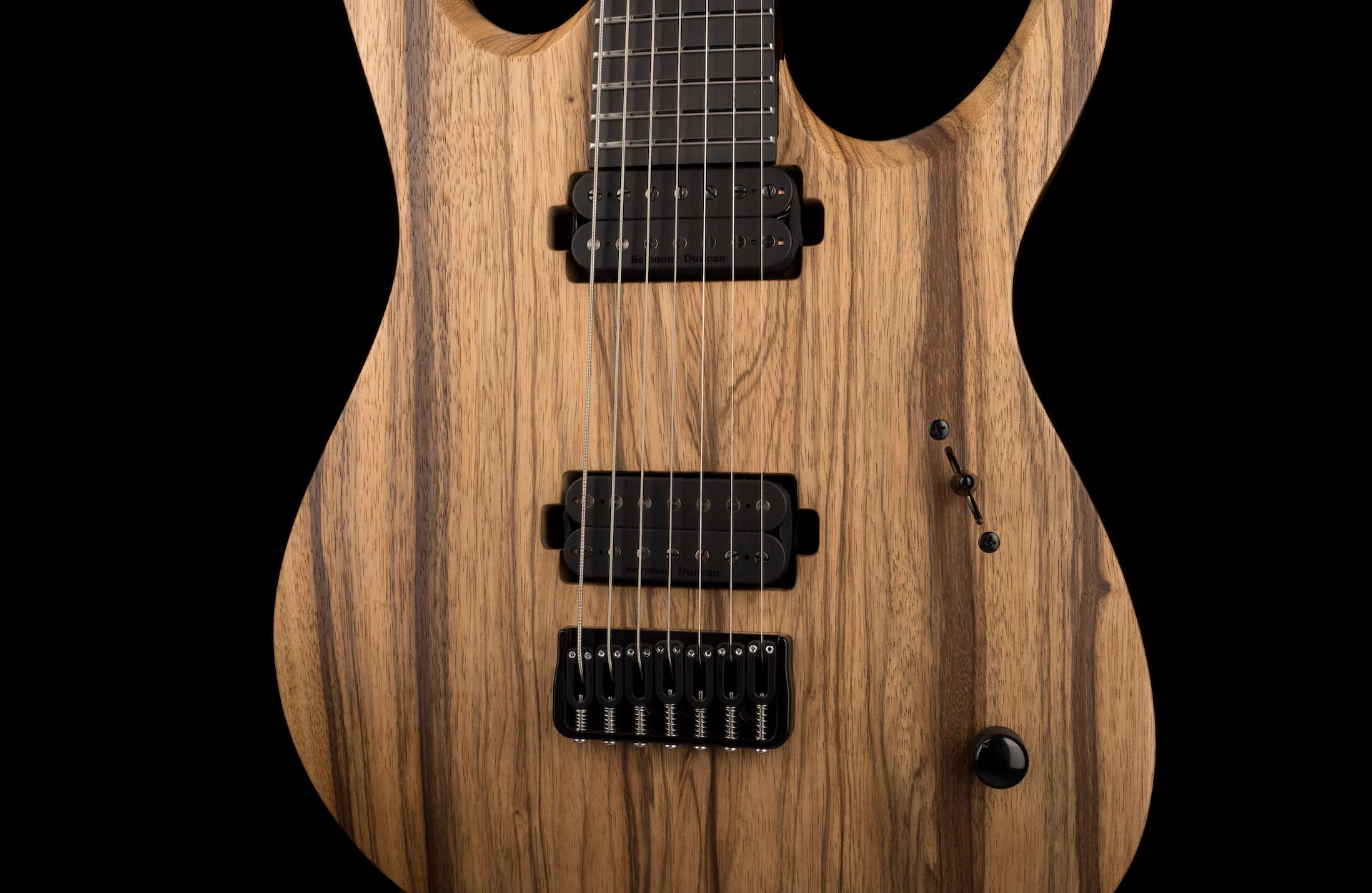 Used Mayones Duvell BL 7 String 27" Baritone Black Limba Trans Natural with Soft Case - Image 6