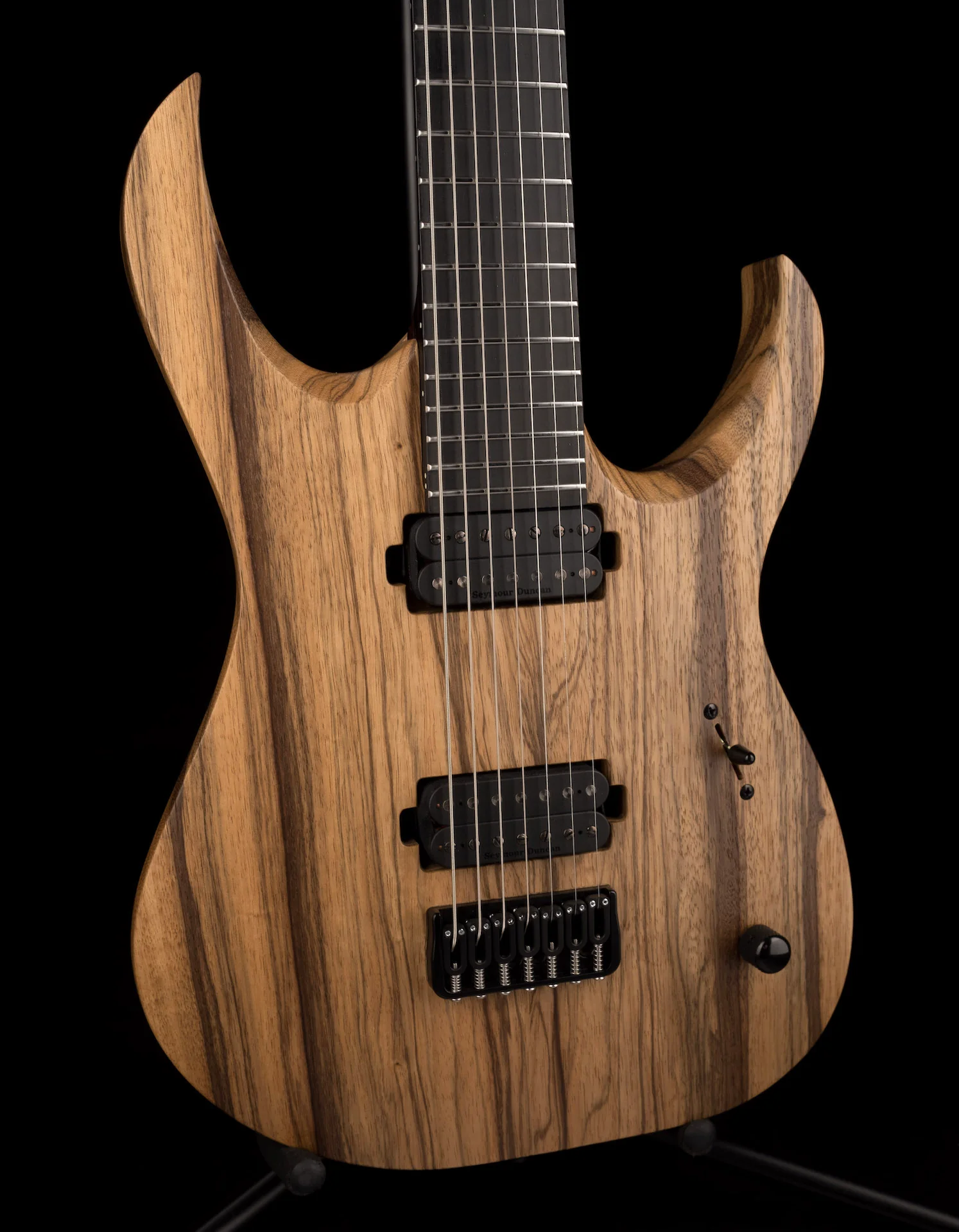 Used Mayones Duvell BL 7 String 27" Baritone Black Limba Trans Natural with Soft Case - Image 9